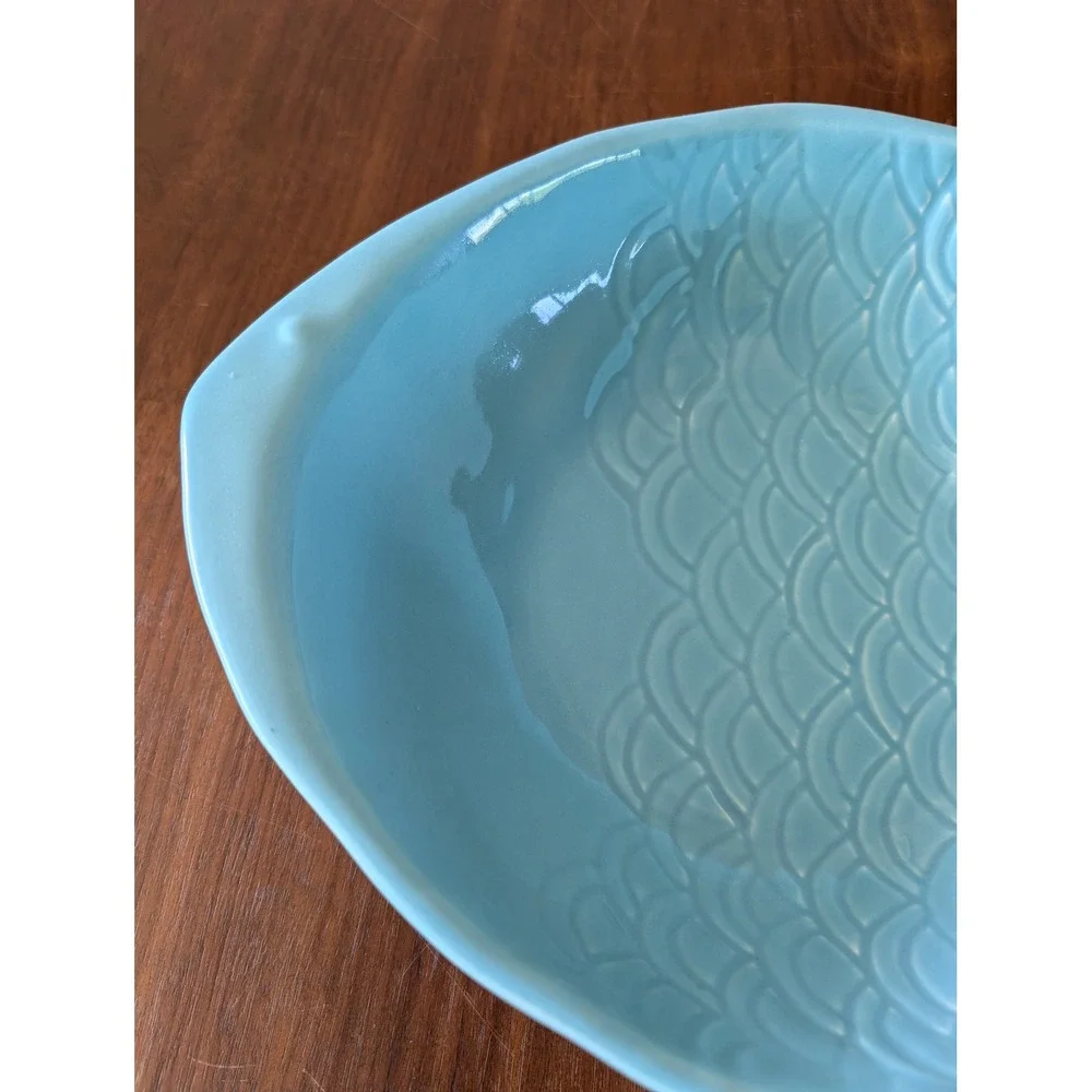 Farval Portugal Blue Ceramic Fish Serving Bowl Embossed Scales Coastal‎ Decor